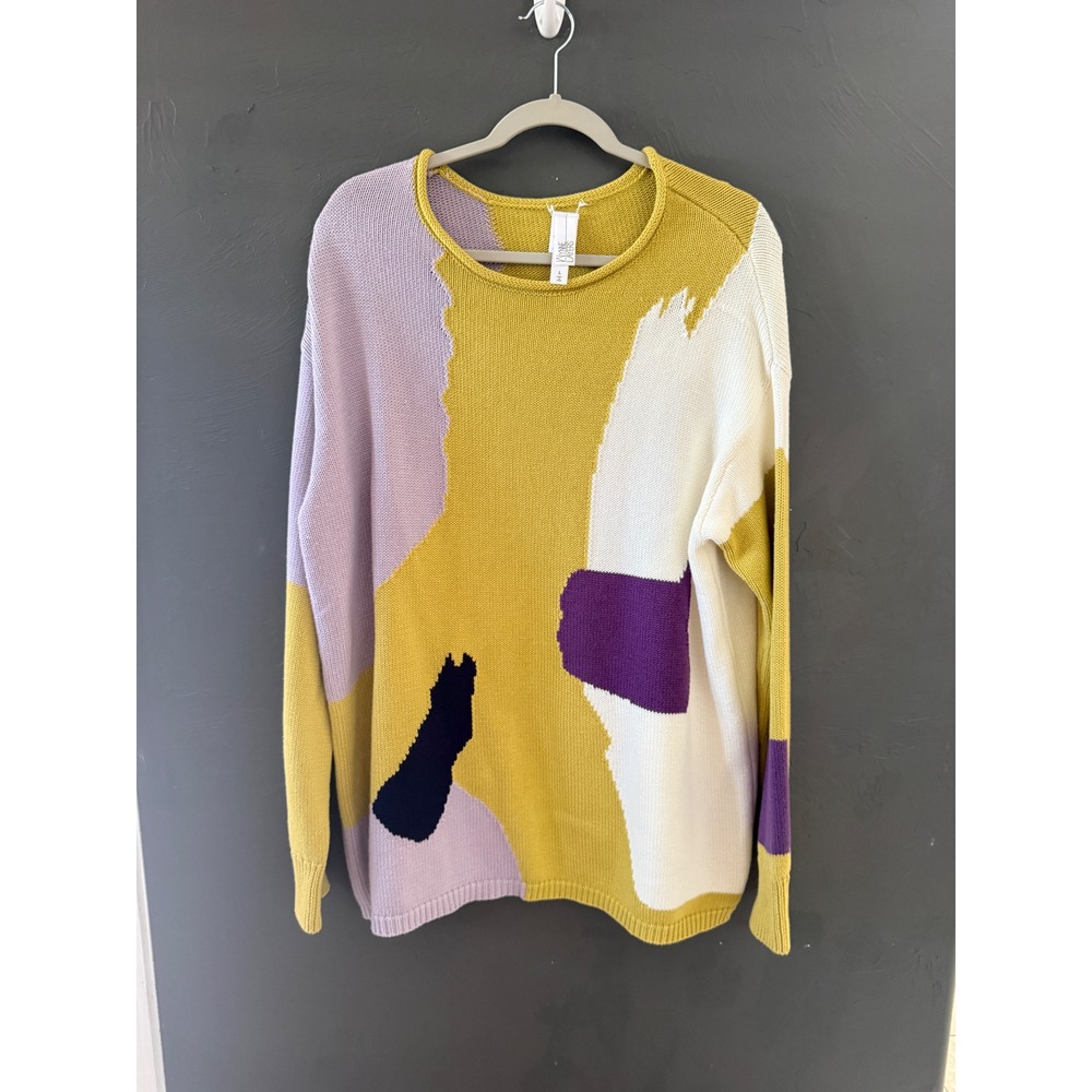 WynneLayers Abstract Intarsia Knit Pullover Sweater Yellow Purple Large